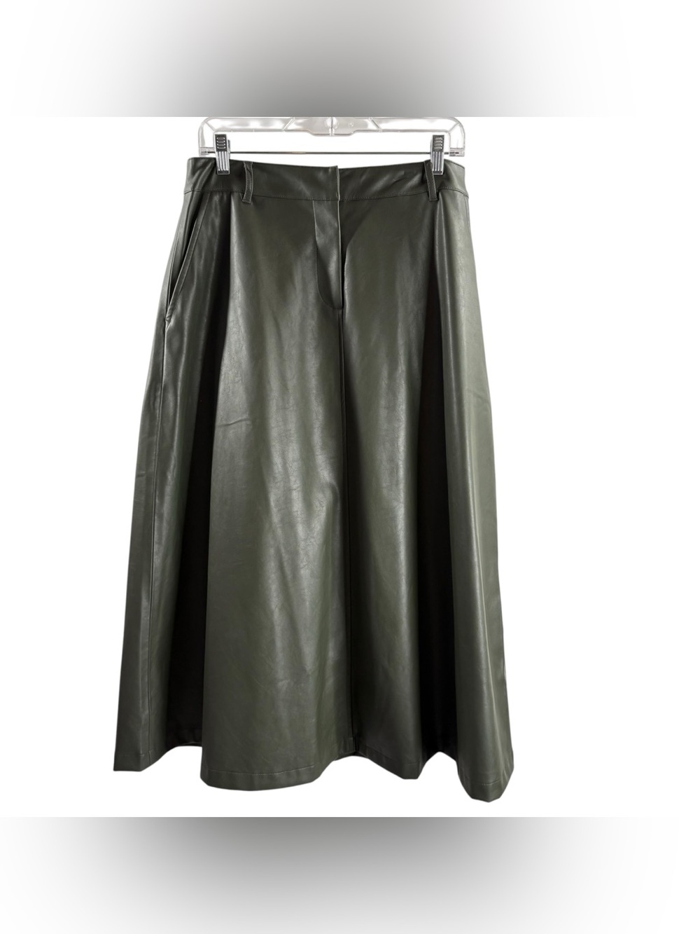 POMANDER PLACE TUCKERNUCK Dark Olive Faux Leather A-Line Midi Skirt $128